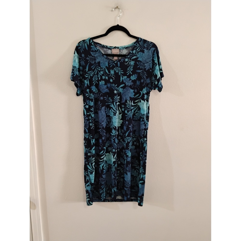 Chicos Navy Teal Floral Short Sleeve Shift Dress Size 0 Small